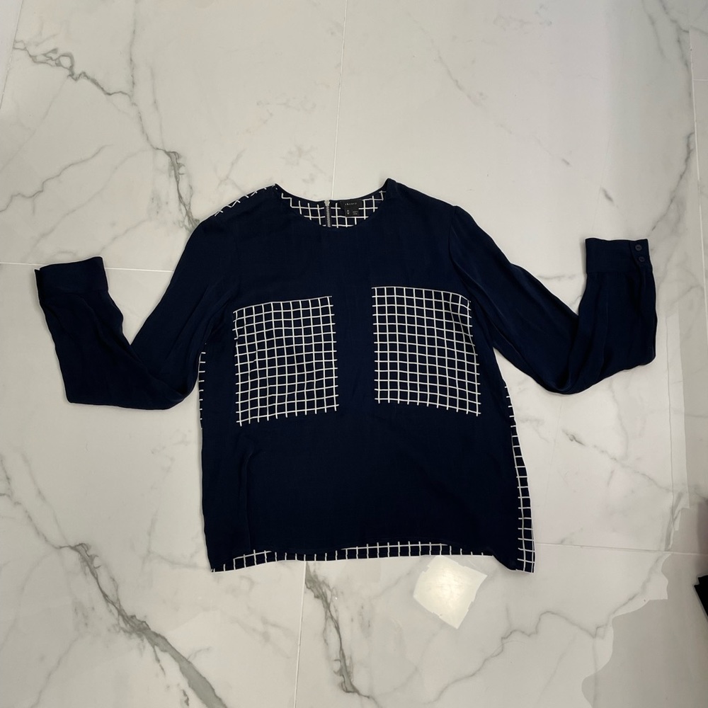 Theory Dark Blue Long Sleeve Silk Blouse